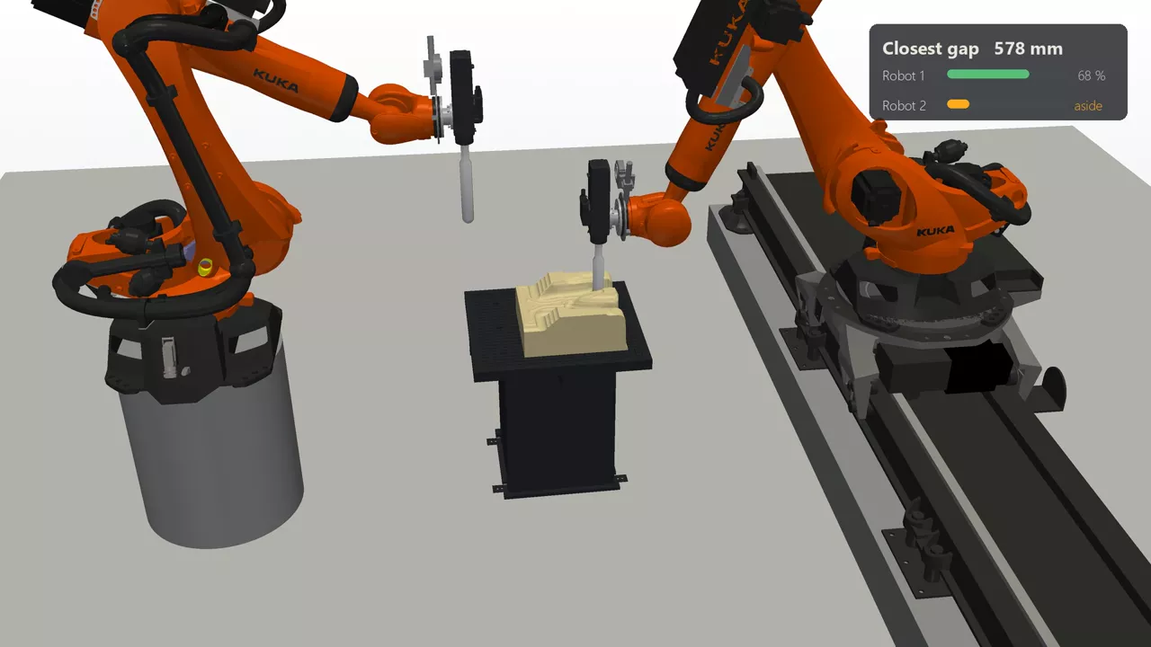 Two KUKA robots milling one seat